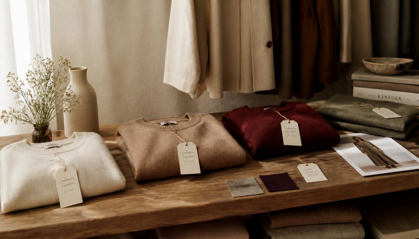 Cashmere assortment on a wooden table with hand-written price tags